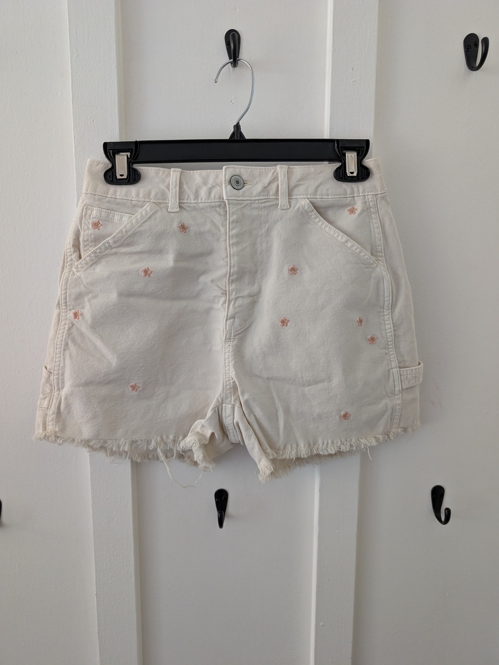 American Eagle Outfitters Cream Denim Shorts with Pink Embroidery